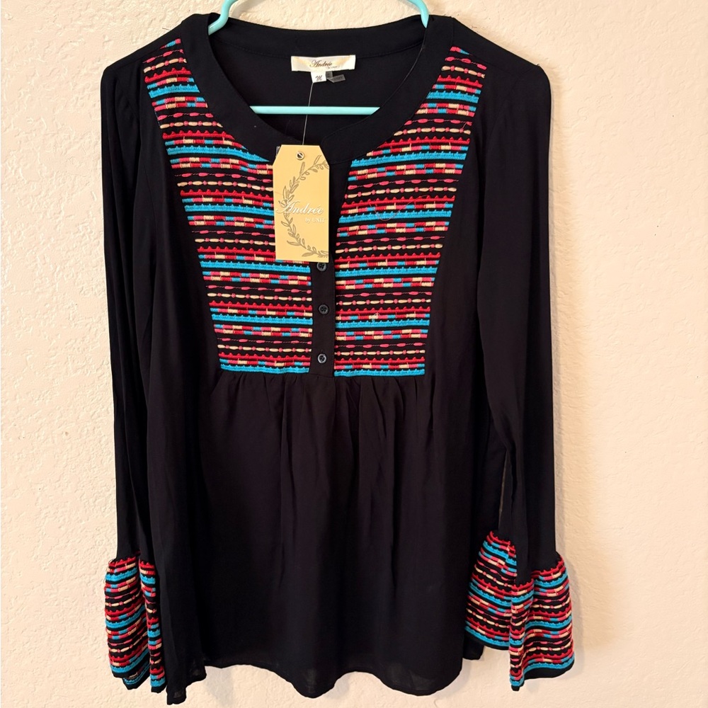 ANDREE BY UNIT Black Blouse with Multicolor Accents